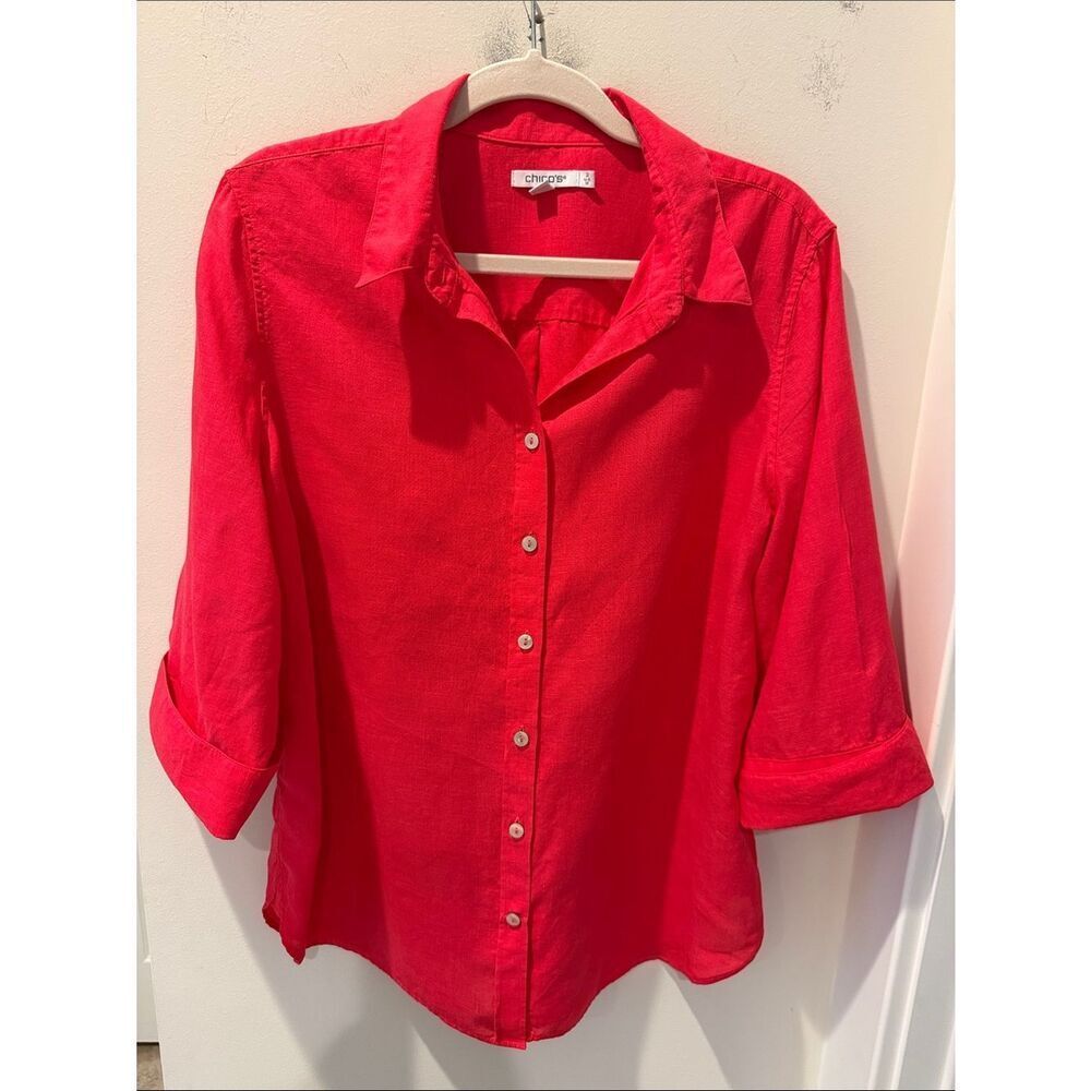 Chico's Vibrant Red Button-Down Shirt Quarter Sleeve 100% Linen size 2/12